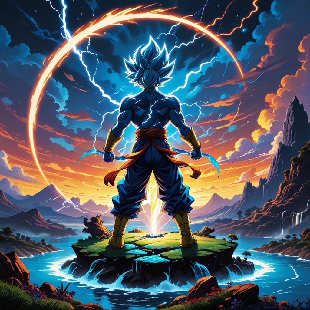 A chibi lightning wielder stands atop a floating island in the sky, their eyes glowing with electric energy as they bran...