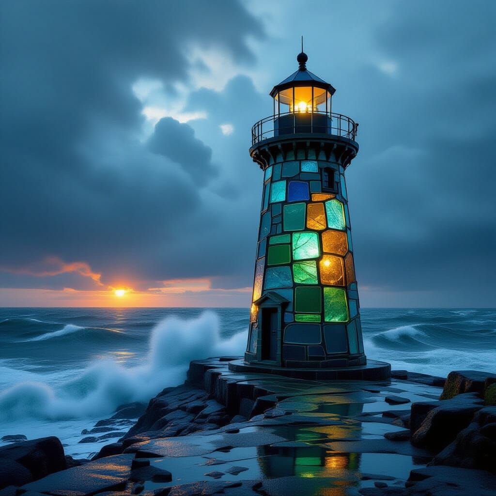 Sea Glass Lighthouse on Stormy Coast