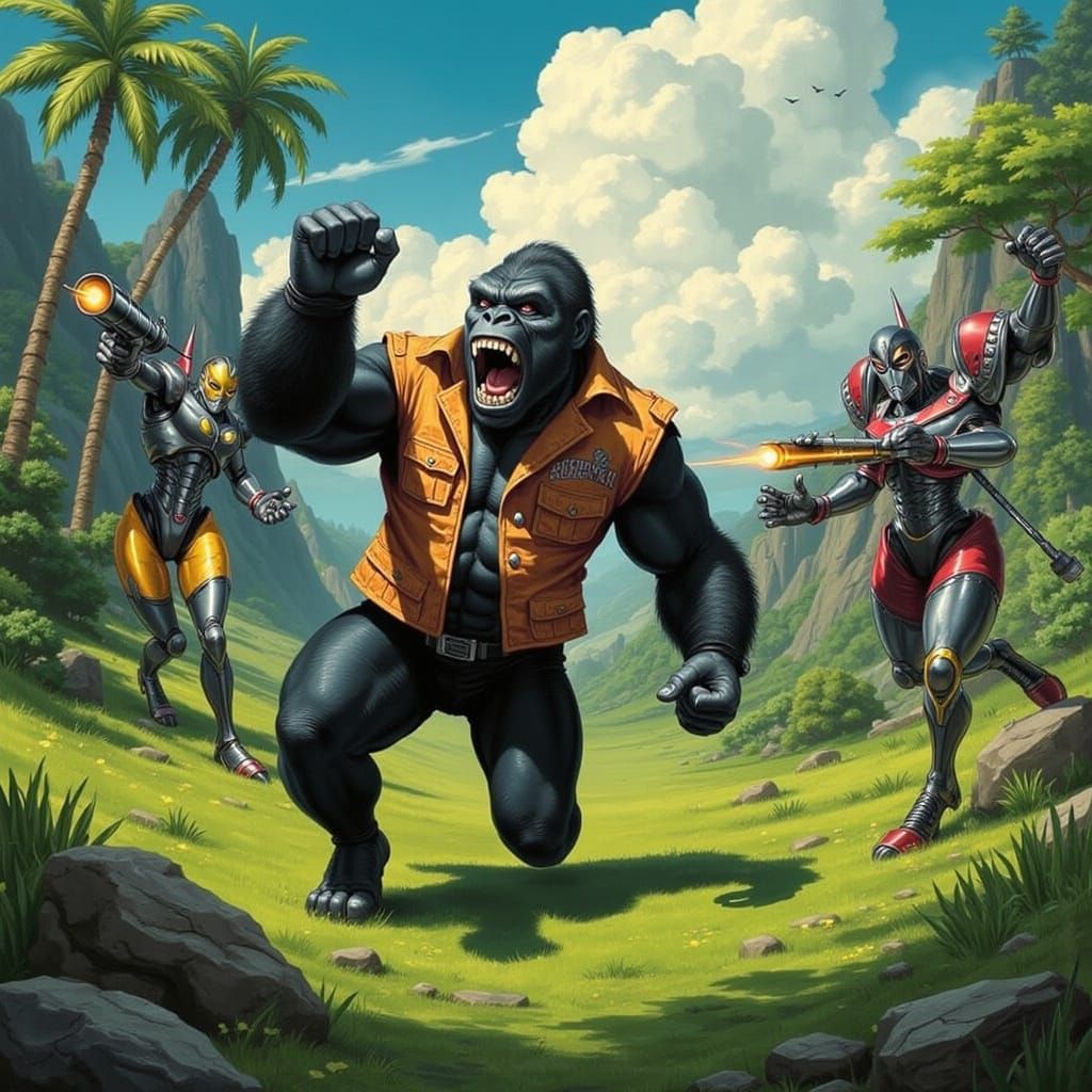 Gorilla in Hawaiian Shirt Battles Robotic Foes in Vibrant Co...
