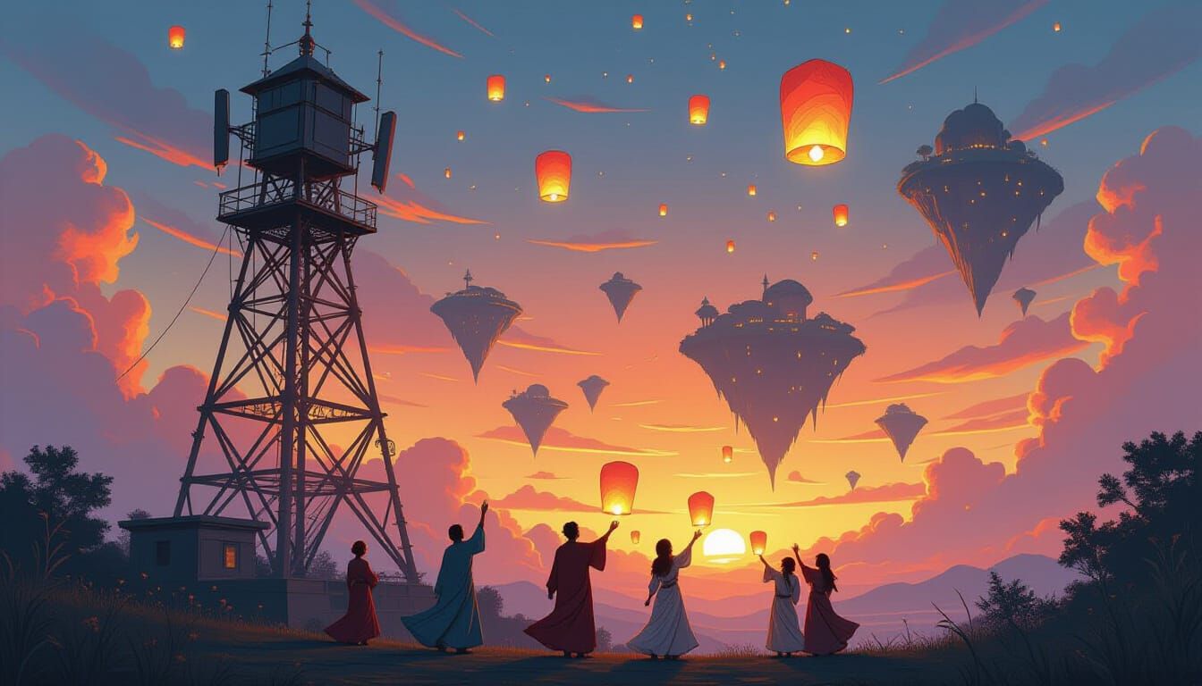 Ancient Radio Tower Under Floating Islands & Sky Lanterns