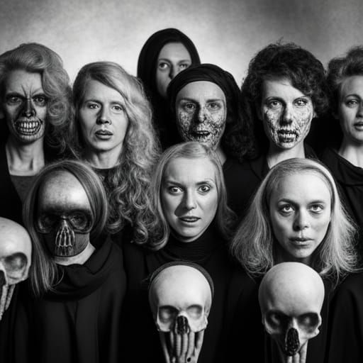 Sinister Crowd of Women with Skulls: Vintage Photo