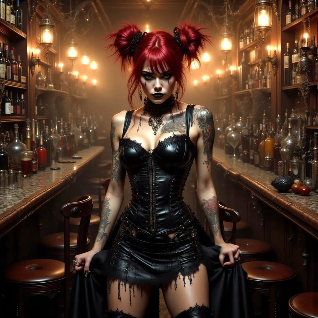 Goth Woman in Bar, Oil Painting Style