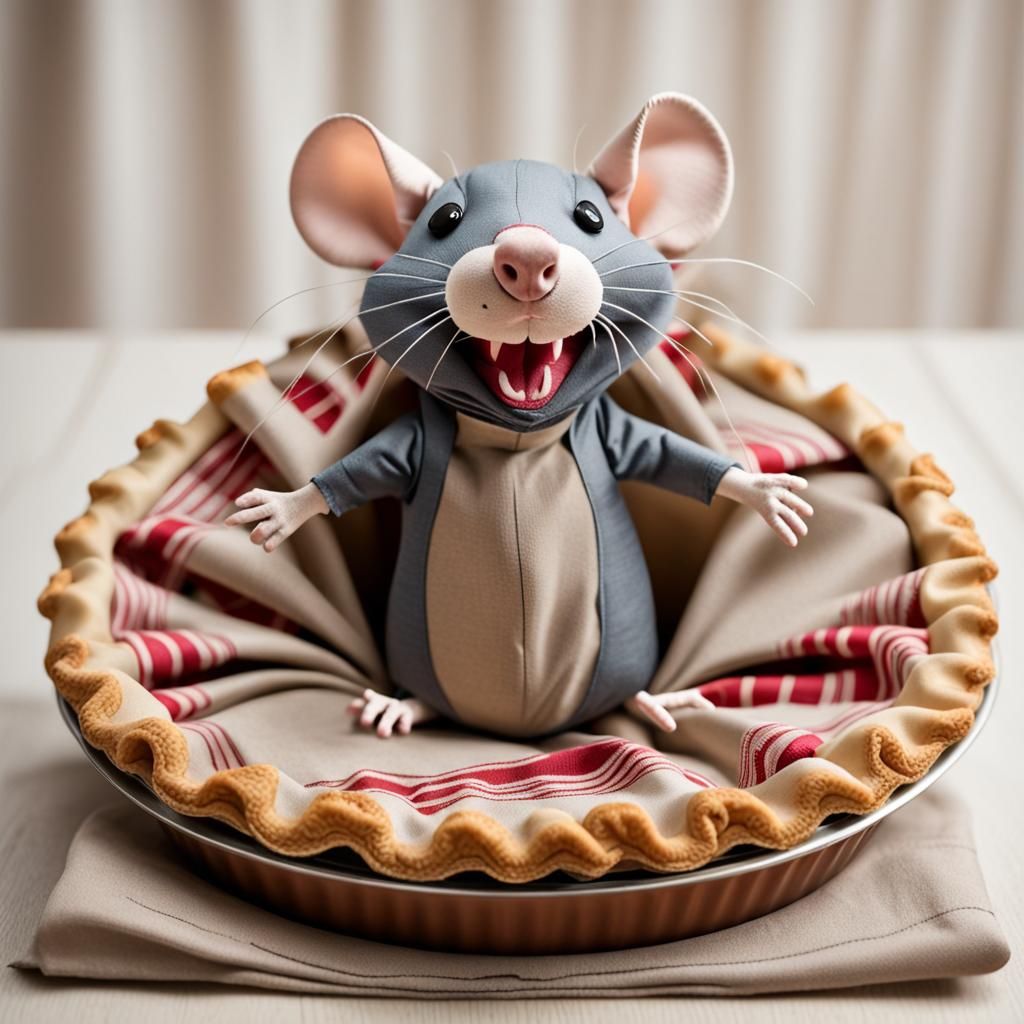 Grinning Fabric Rat Rising From Fabric Pie