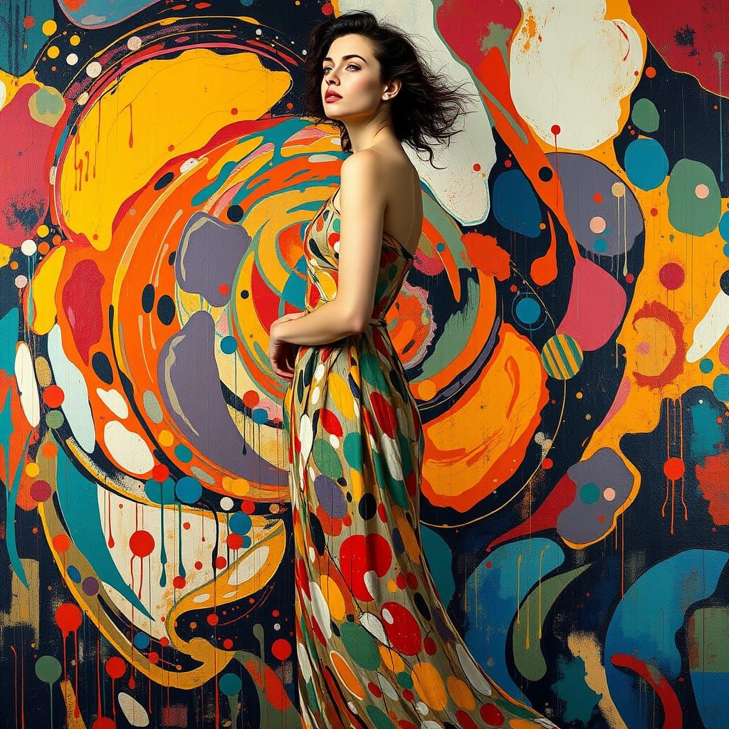 Woman in Vibrant, Abstract Landscape with Emotional Intensit...