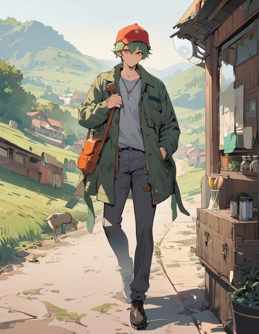 Cel-Shaded Bishounen Adventurer in a Vibrant Countryside