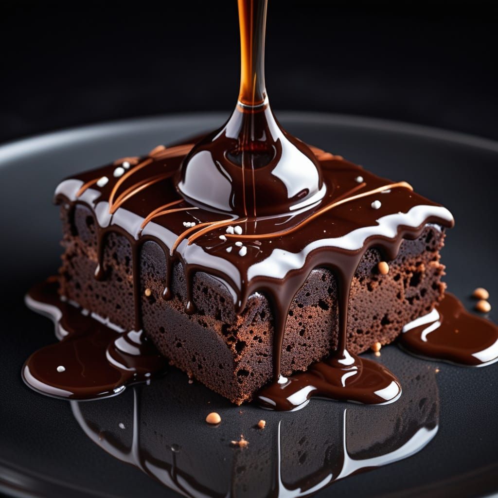 Surreal Chocolate Galaxy Drips Over Brownie, Line Art Style