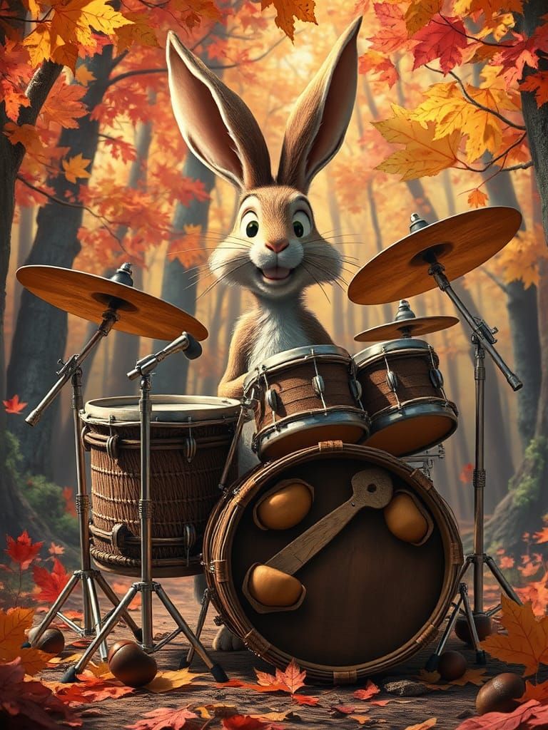 Hare Playing Drums in a Vibrant Autumn Forest