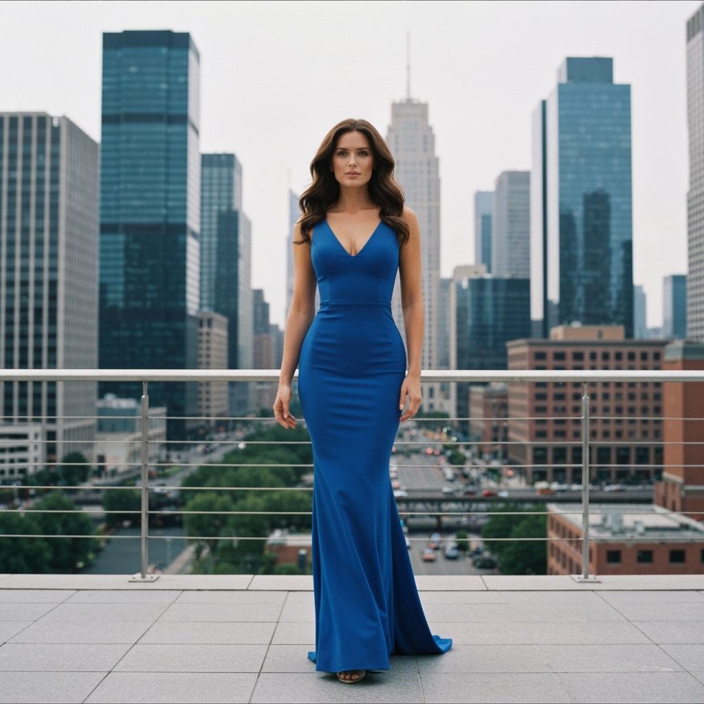 Brunette in Blue Dress, Cinematic Cityscape