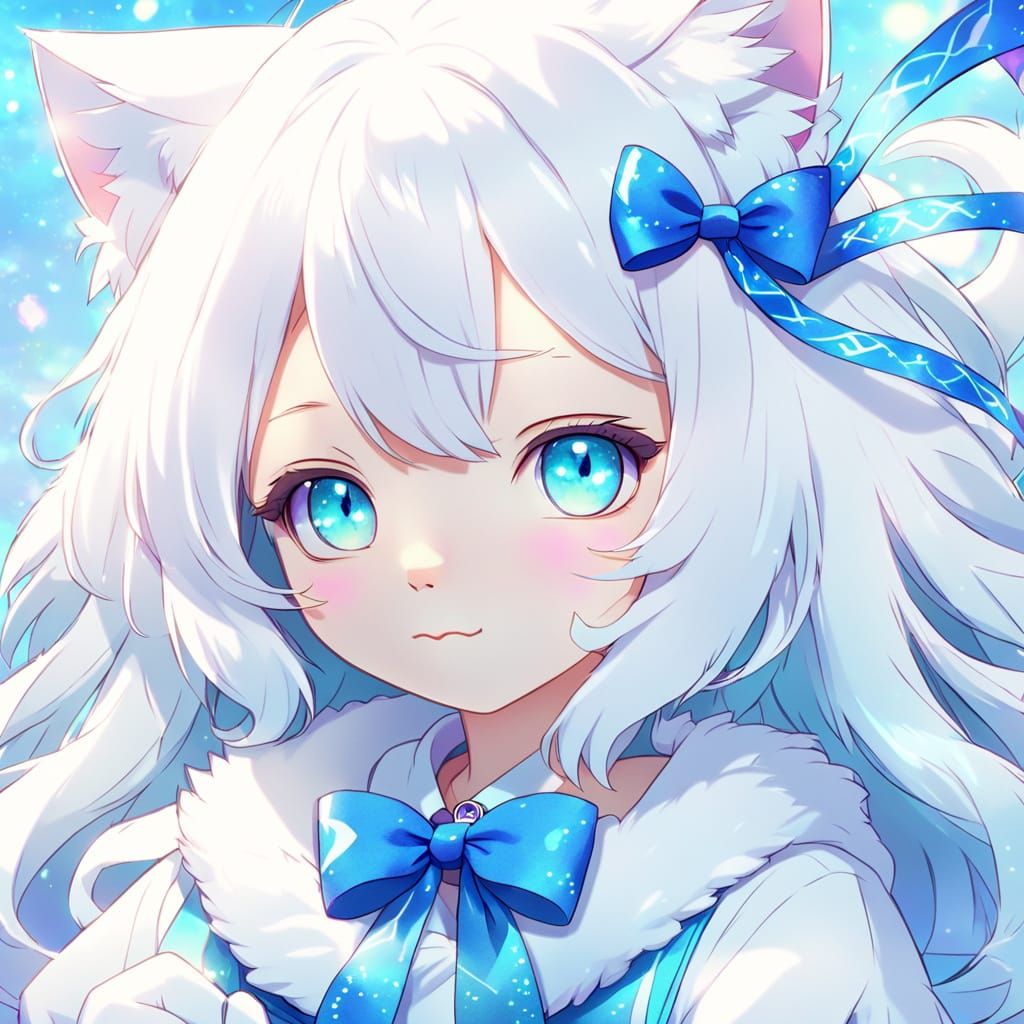Whimsical Anime Cat Girl in Blue Ribbon