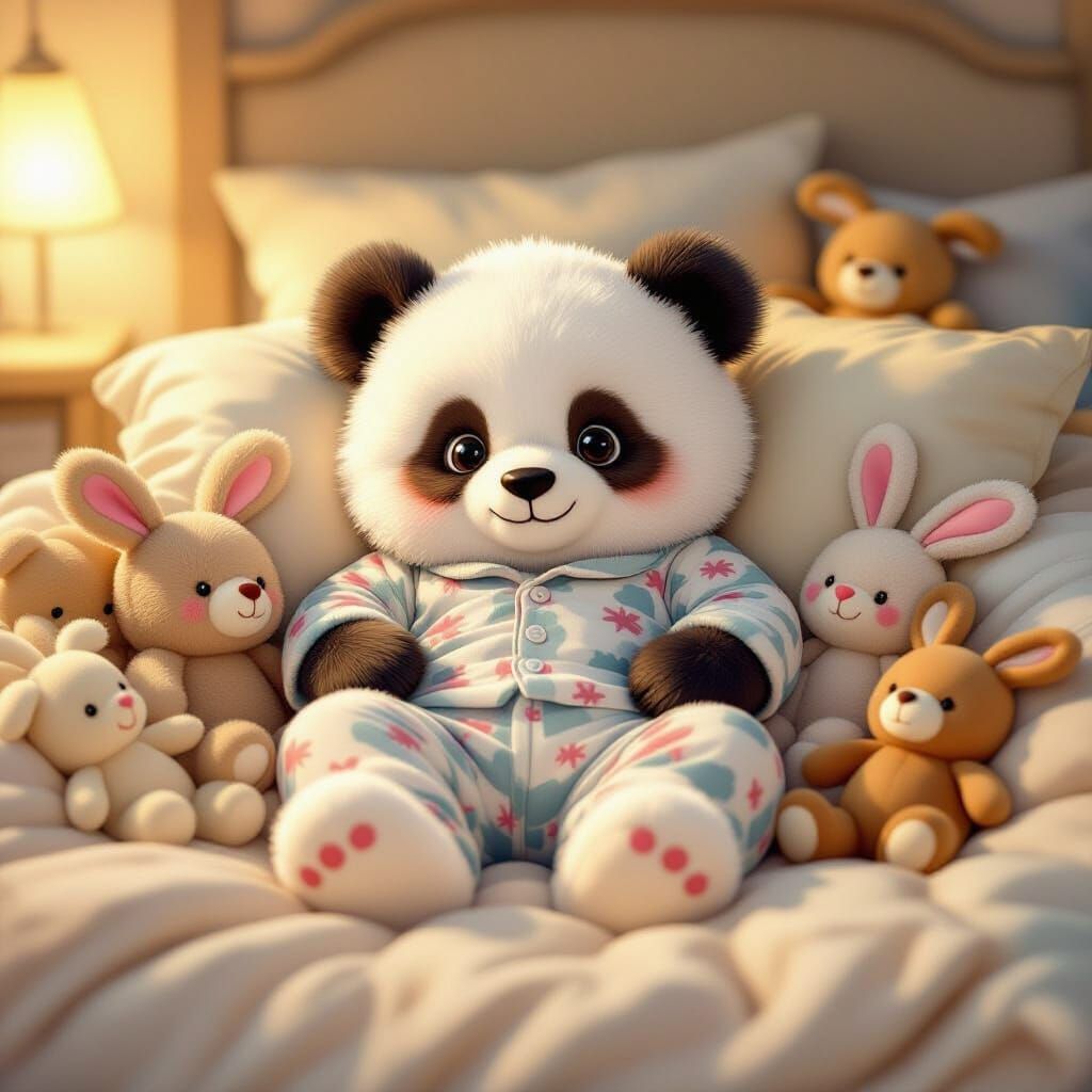 Fluffy Panda in Pajamas and Slippers Cozy in Plushie Bed