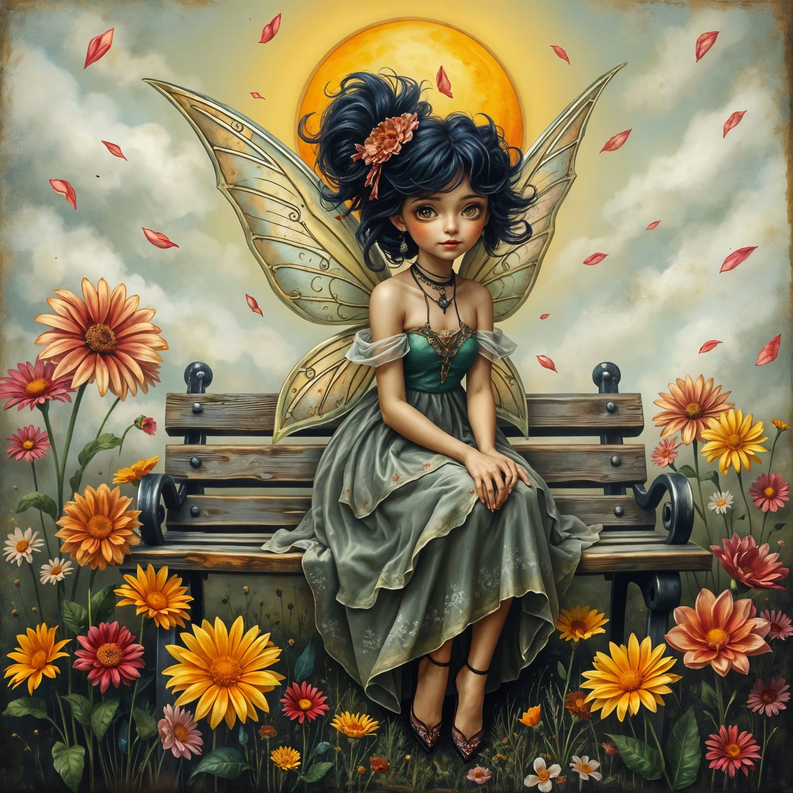 Mischievous Fairy with Iridescent Wings in Surreal Setting