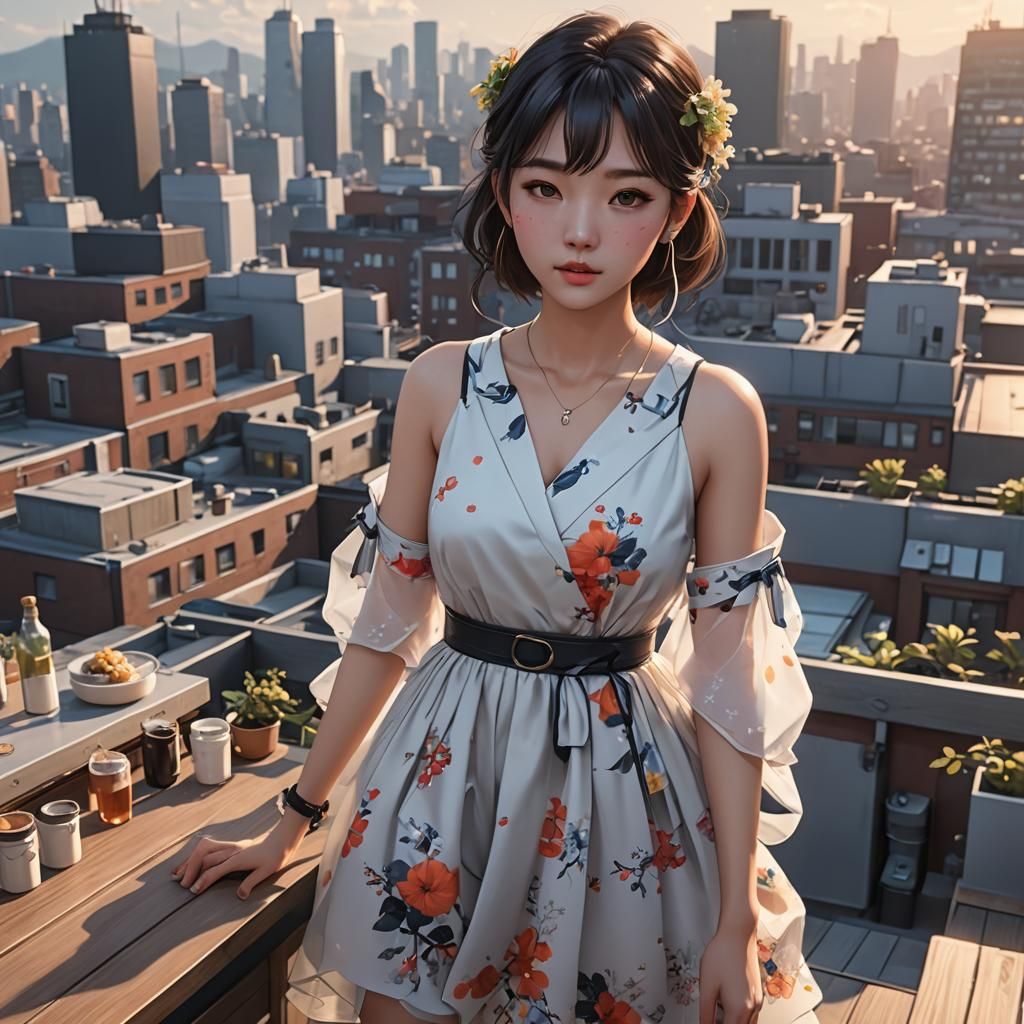 Trendy Korean Girl at Rooftop Party: 3D Anime Art