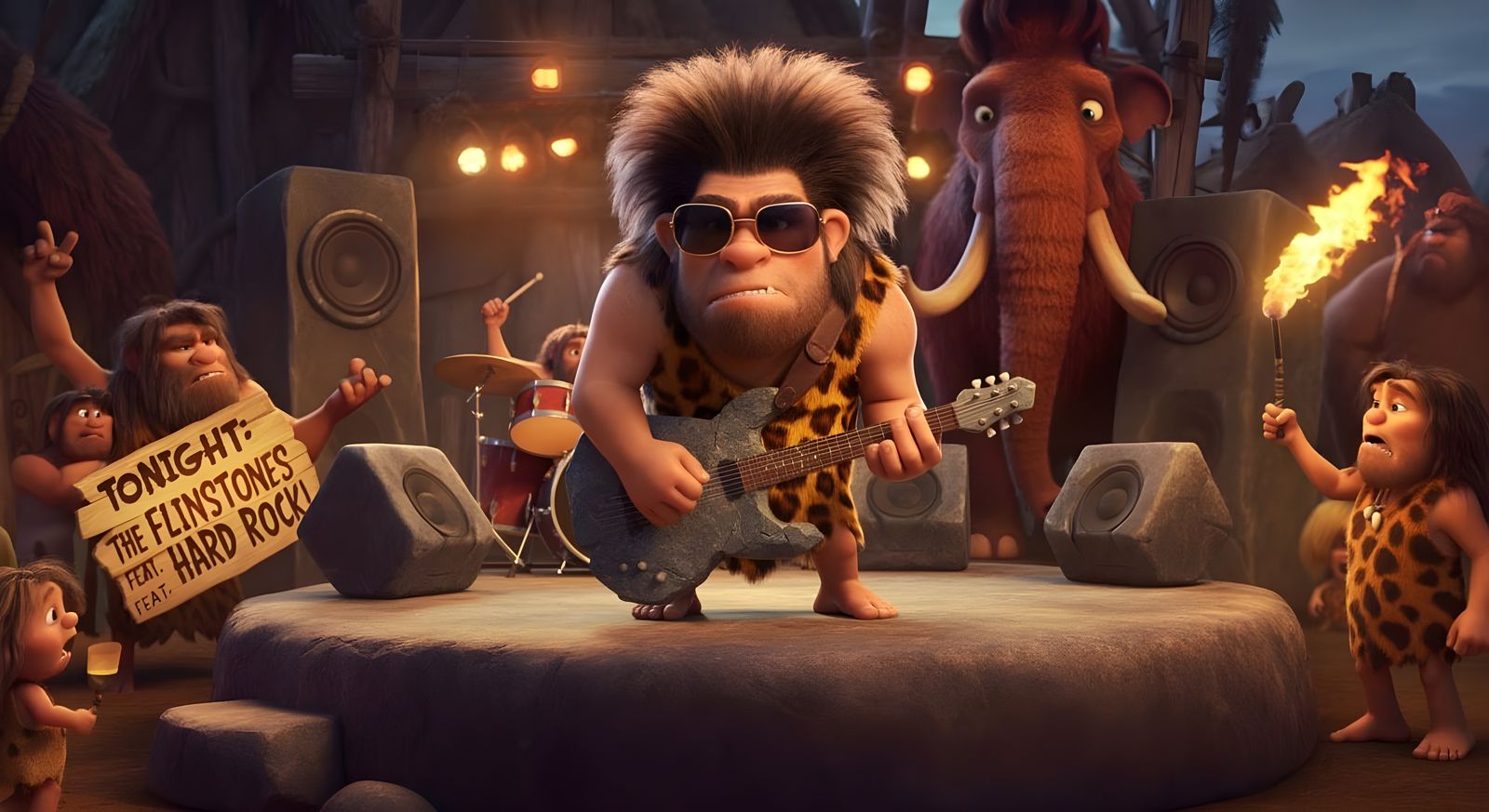 Cartoon Cavemen Rock Concert in Pixar Style