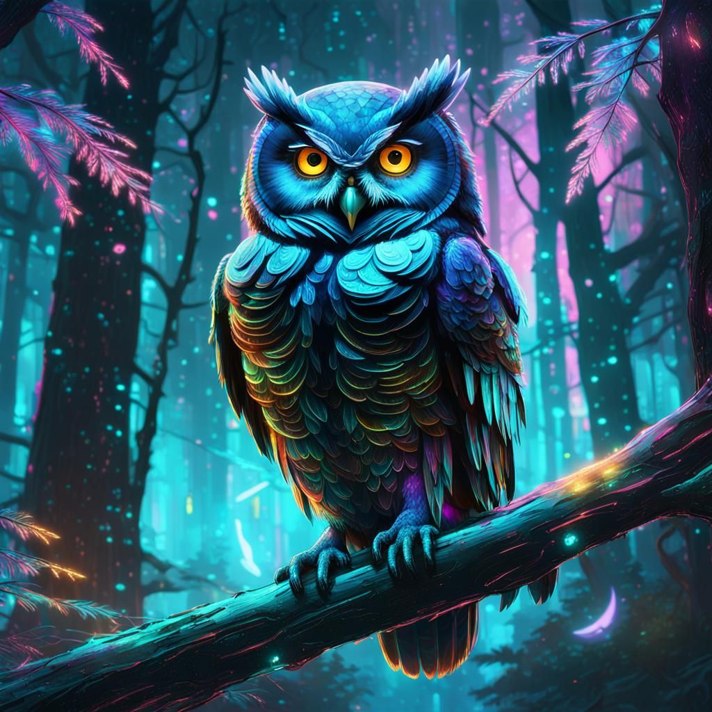 Bioluminescent Owl in Cyberpunk Dreamscape