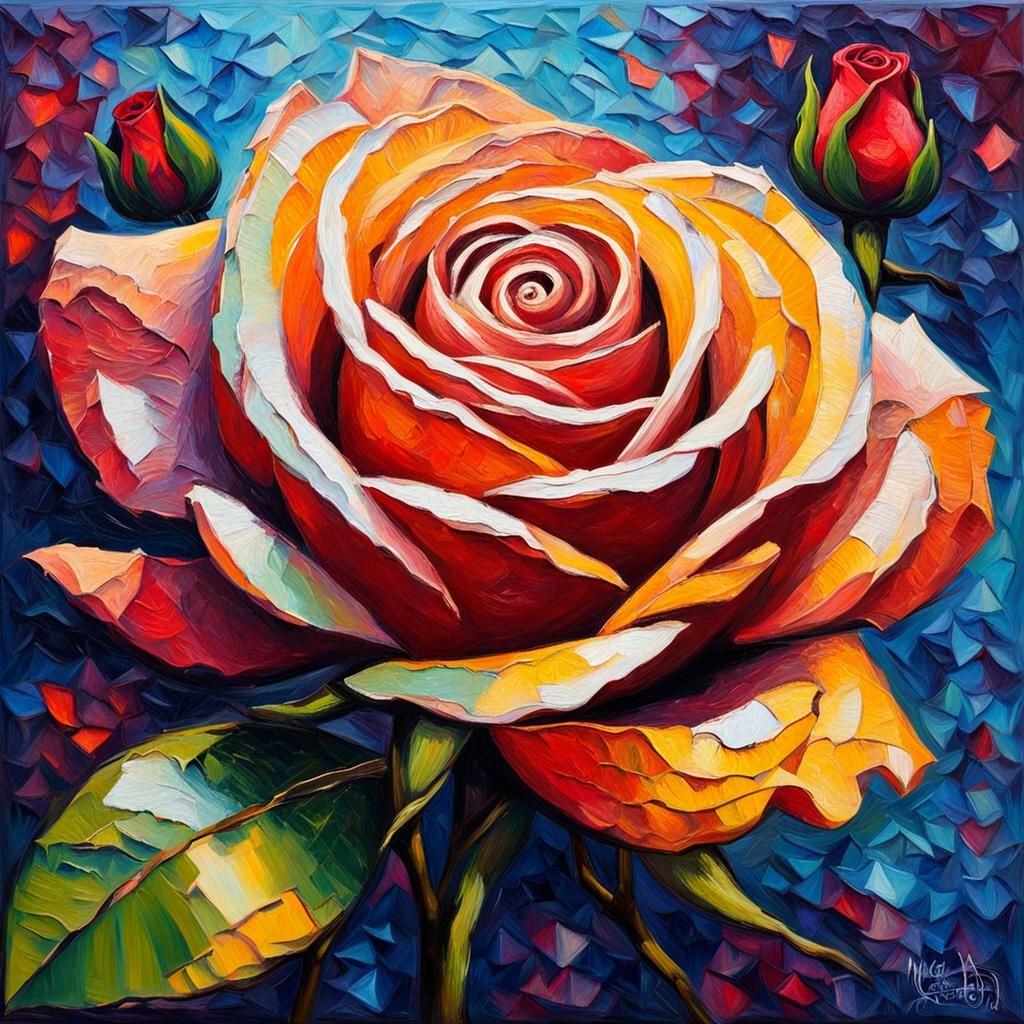 Blooming Rose in Neo-Impressionist Oil Painting