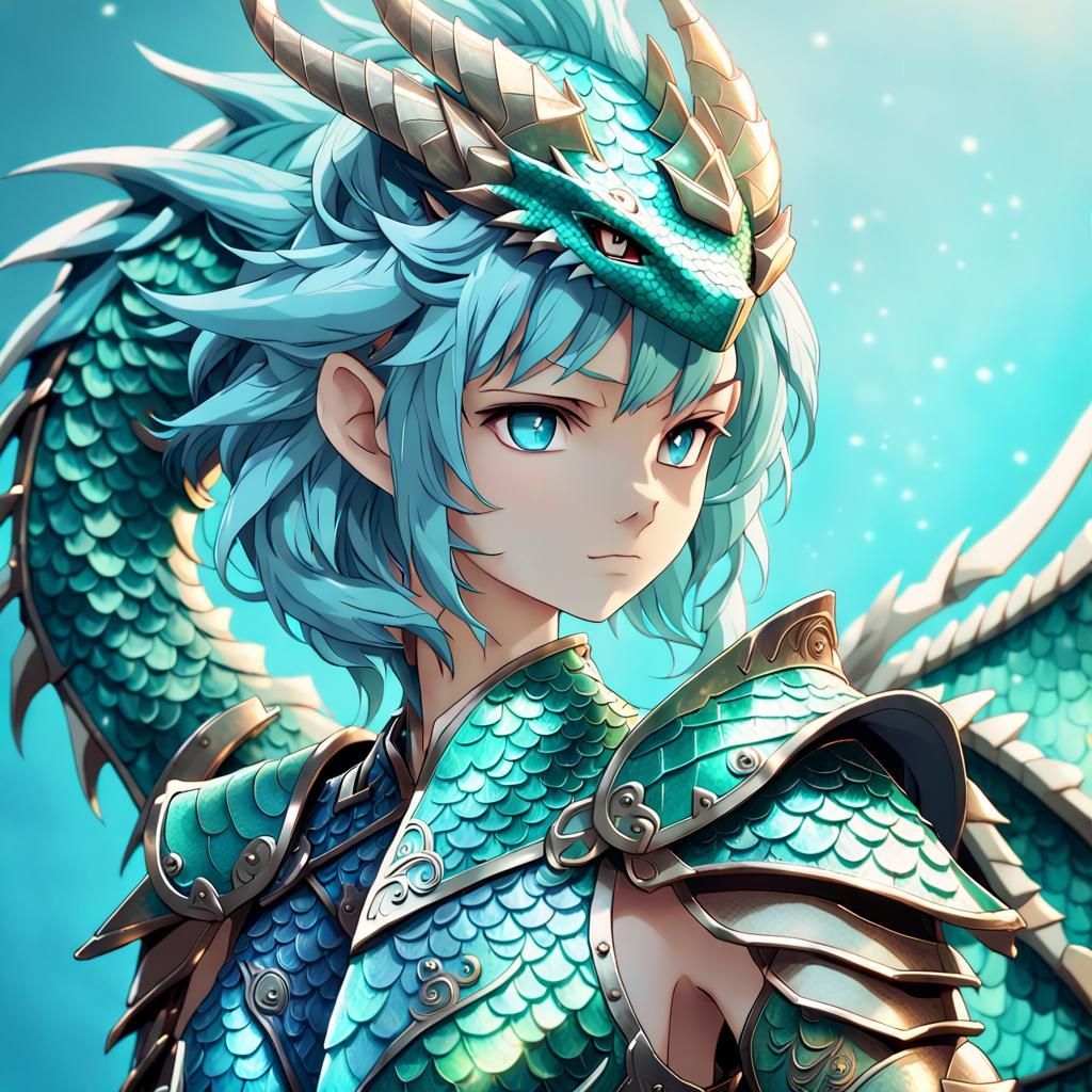 Dragon Warrior in Turquoise Armor: Vibrant Anime Art