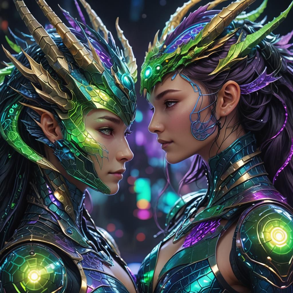Cyber Dragon and Queen Touch in Neon Fantasy Art