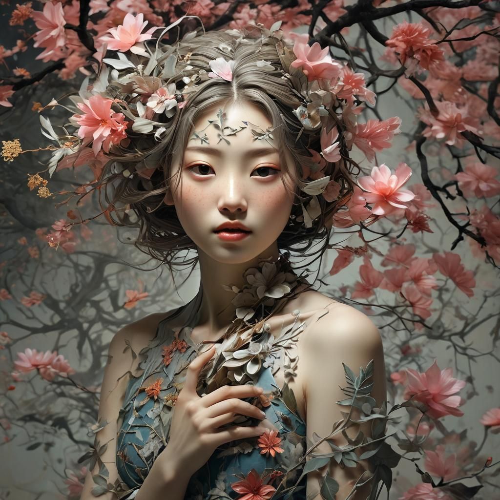 Surreal Japanese Woman in Floral Setting