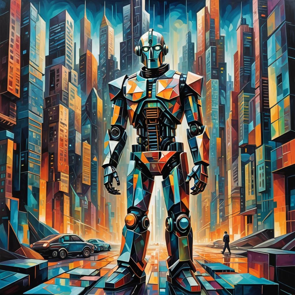 Cubist Robotic Figure in Futuristic Cityscape