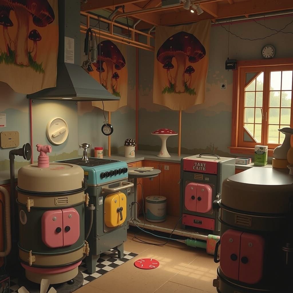 Surreal Mushroom Landscape with Brutalist Cabin