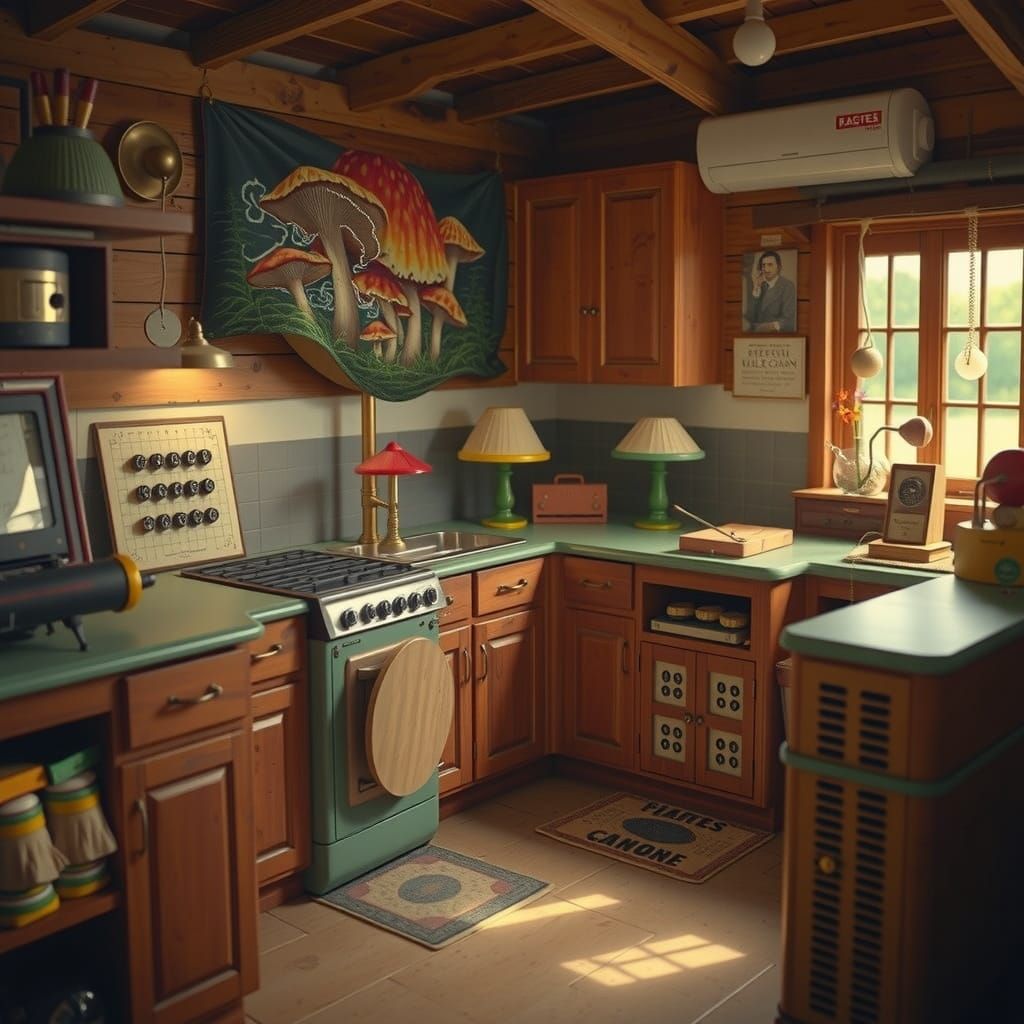 Surreal Mushroom Cabin with Vintage Business Machines