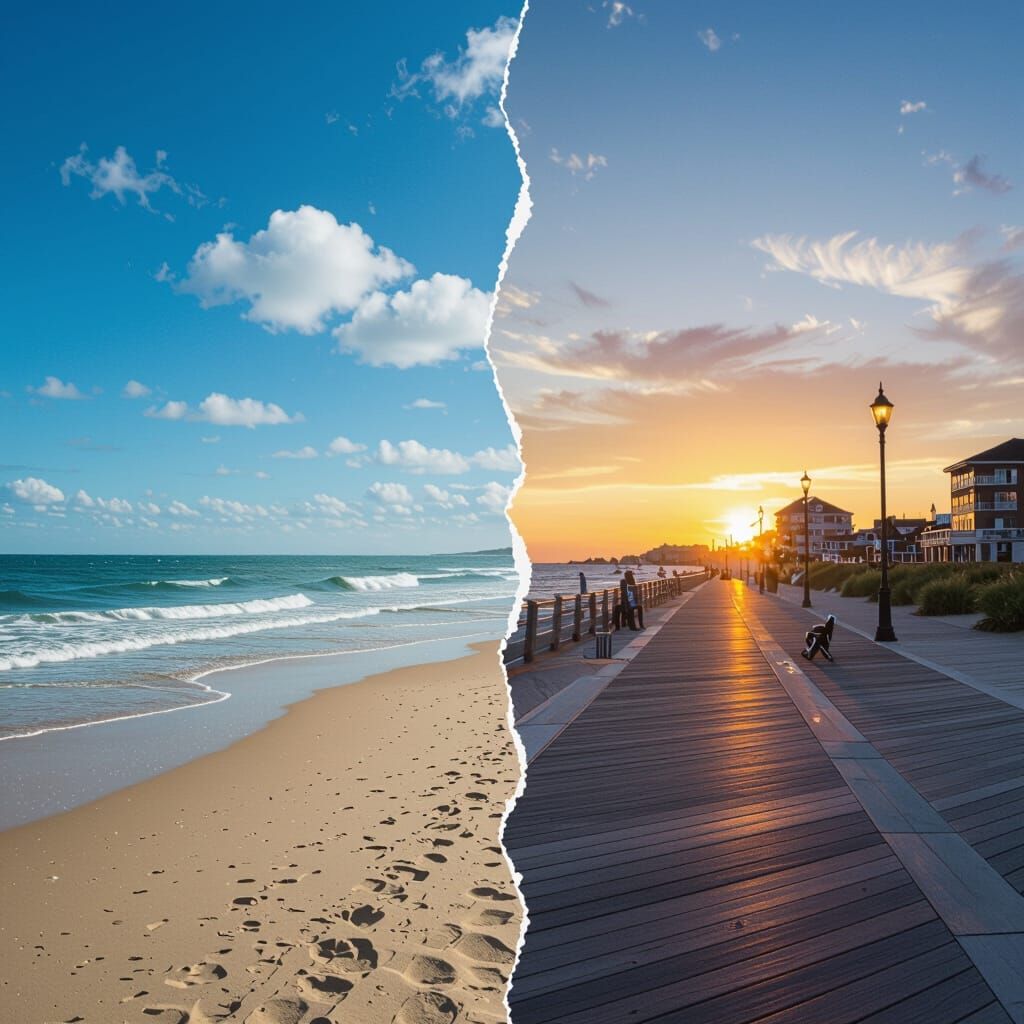 Split image, a blistering summer day at the beach morphing i...