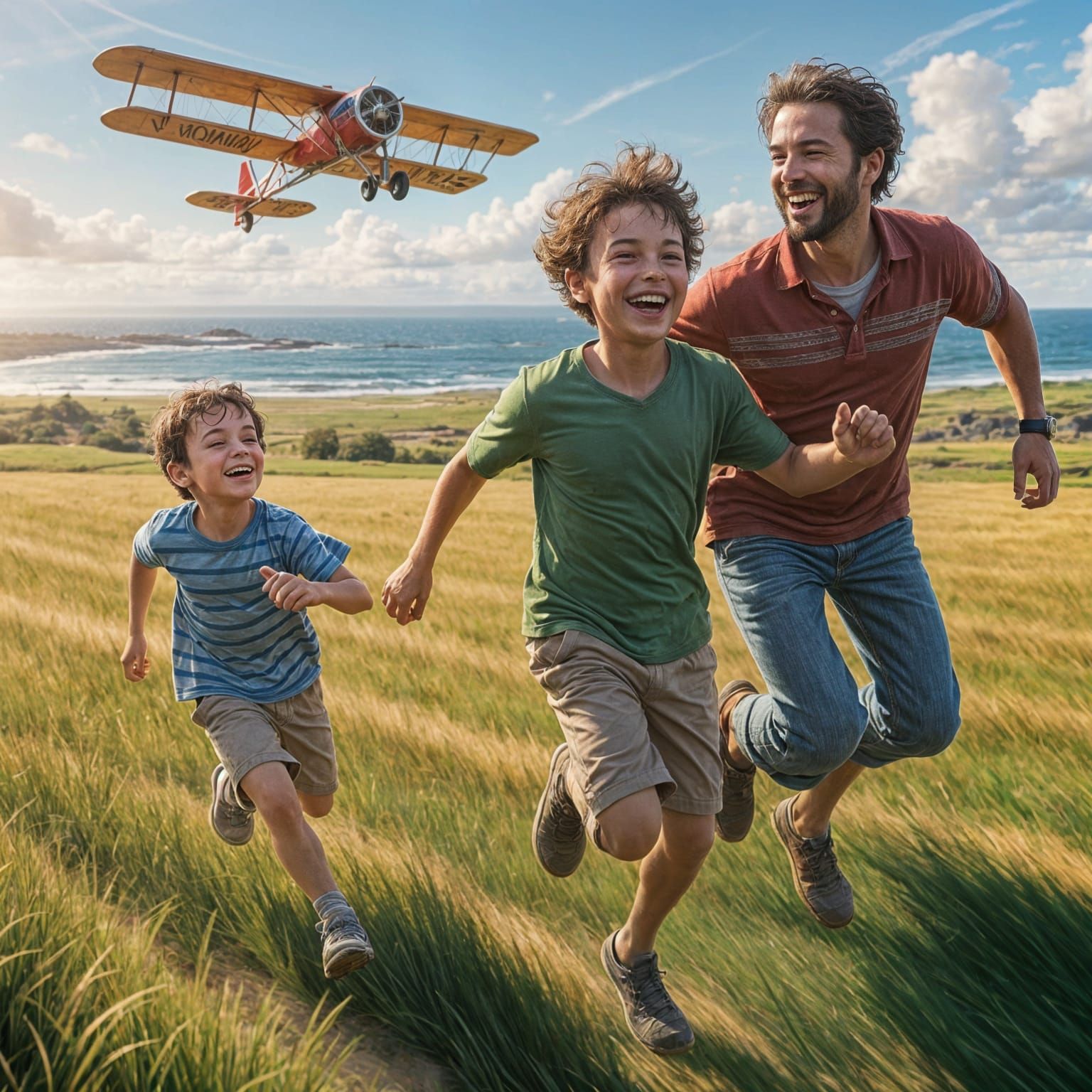 Joyful Boy Launches Wooden Glider Over Ocean in Vibrant Spla...