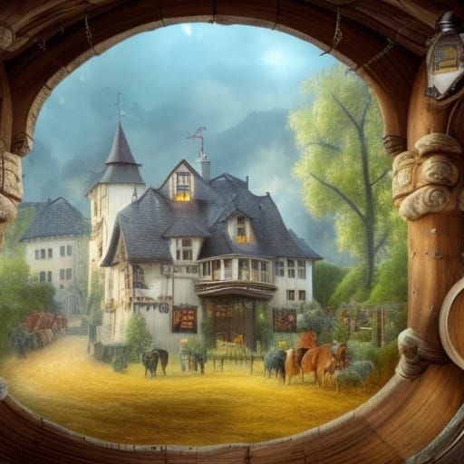 Country Inn Scene with Wine and Carriages