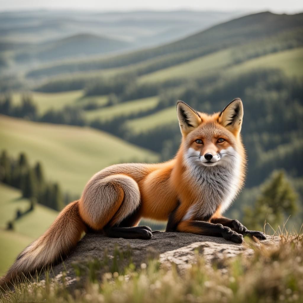 Relaxed Fox Overlooking Valley: Hyperrealistic Photography