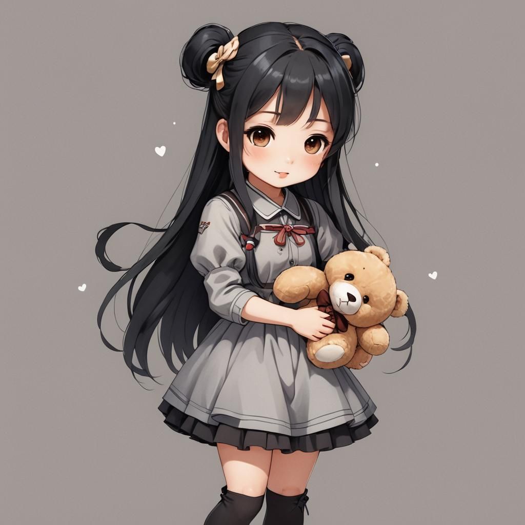 Chibi Girl with Teddy Bear in Animated Style