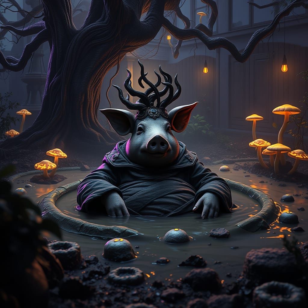 Mystical Pig Figure in Murky, Lush Landscape