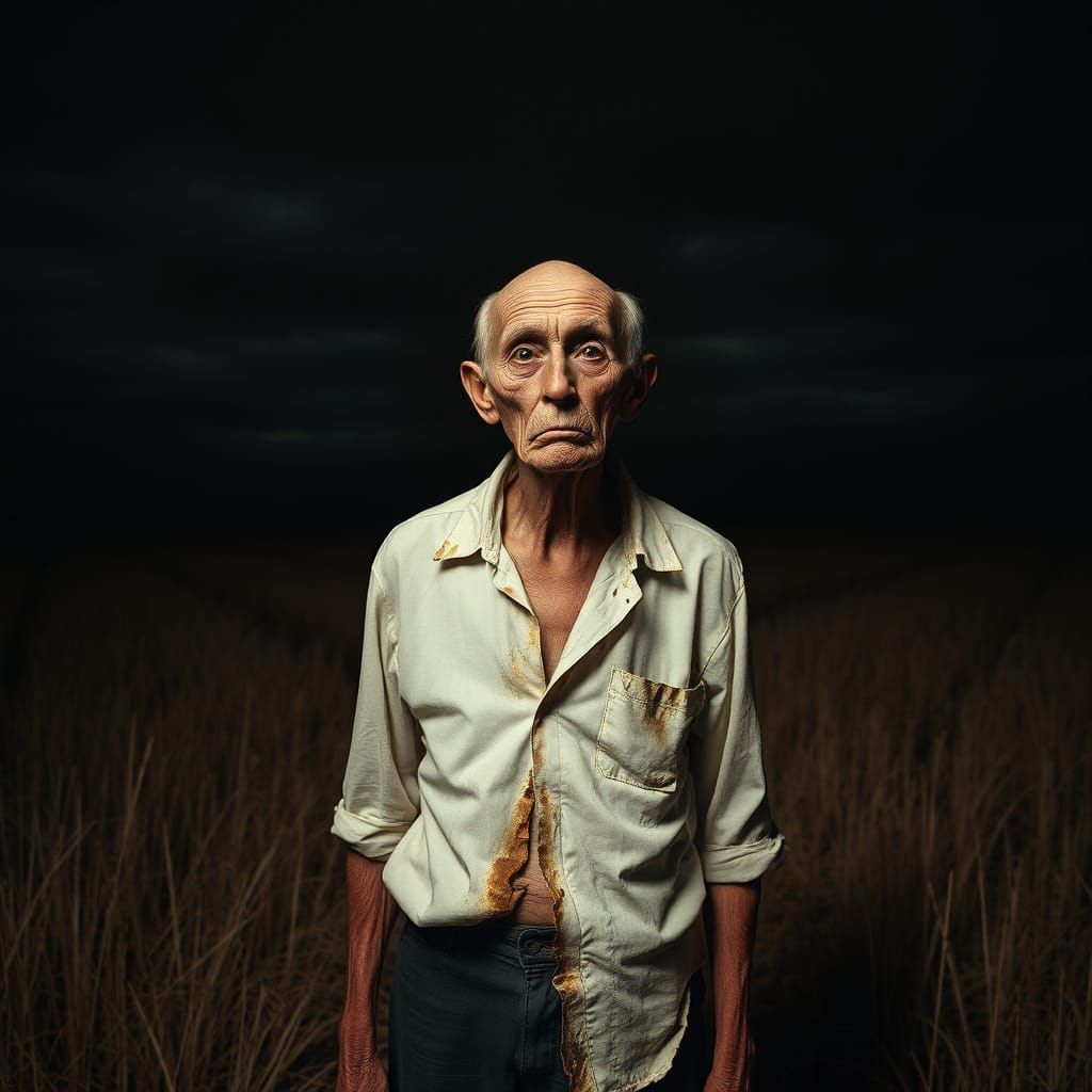 Gaunt Figure Emerges from Dark Field in Cyberpunk Style