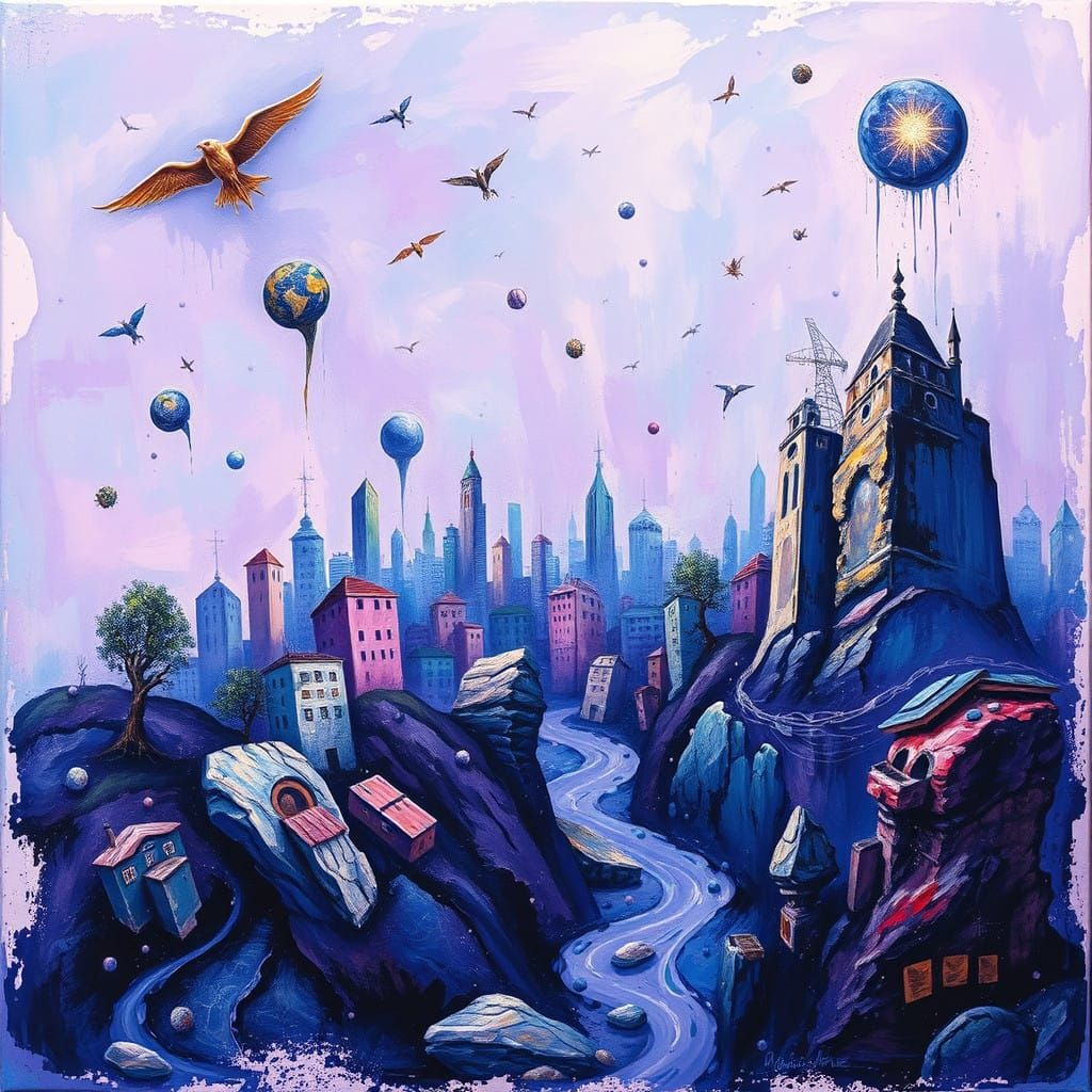 Dreamlike Surrealism in Vibrant Blurple Hues