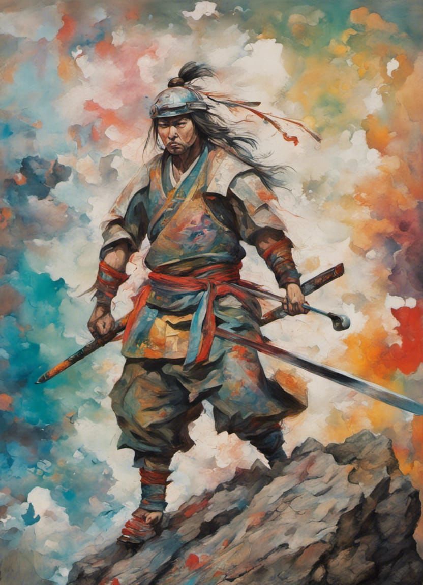 Japanese Warrior on Rocks in Abstract Style