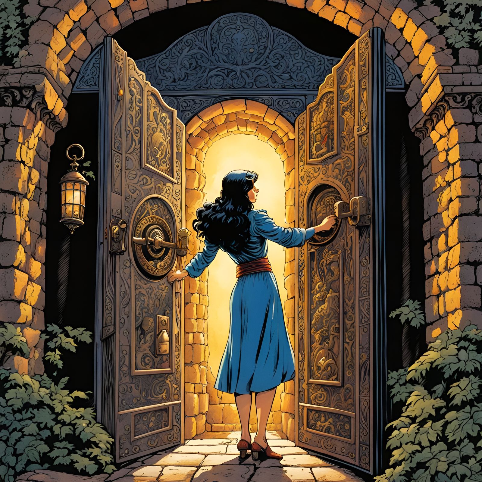 Adventuress Opens Puzzle Lock in Dark Dungeon