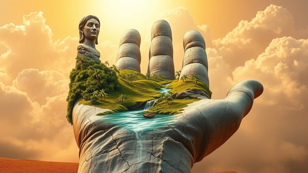 Surreal Desert Oasis Amid Marble Hand