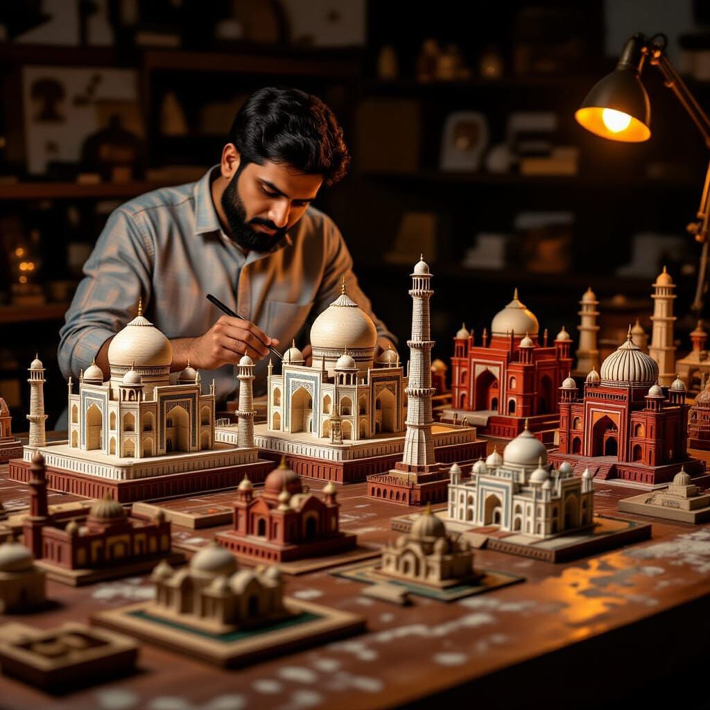 Miniature Indian Monuments on Wooden Table, Artisan Crafting
