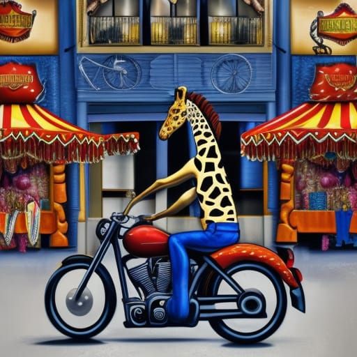 Giraffe Rides Harley Davidson at Carnival