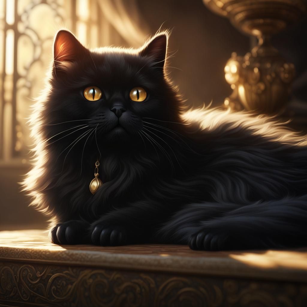 Black Persian Cat in Sunbeam: Matte Painting