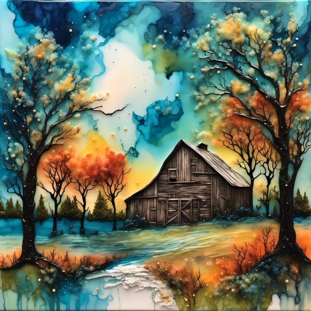 Sunset Country Scene with Oak Trees and Barn