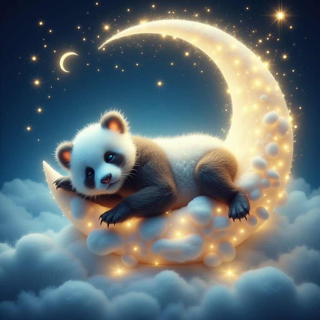 Whimsical Panda on a Glowing Crescent Moon