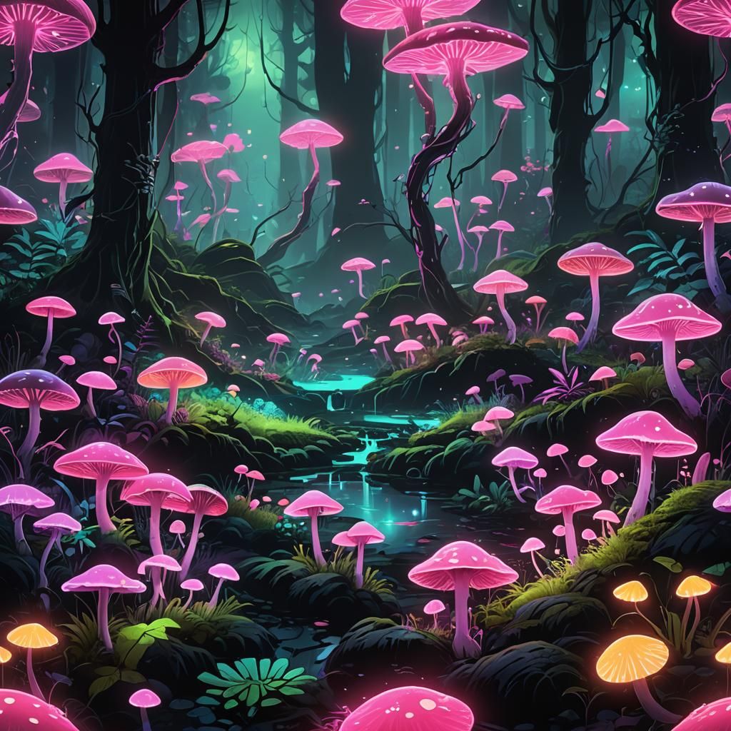 Bioluminescent Fantasy Forest Landscape in 3D Anime Art