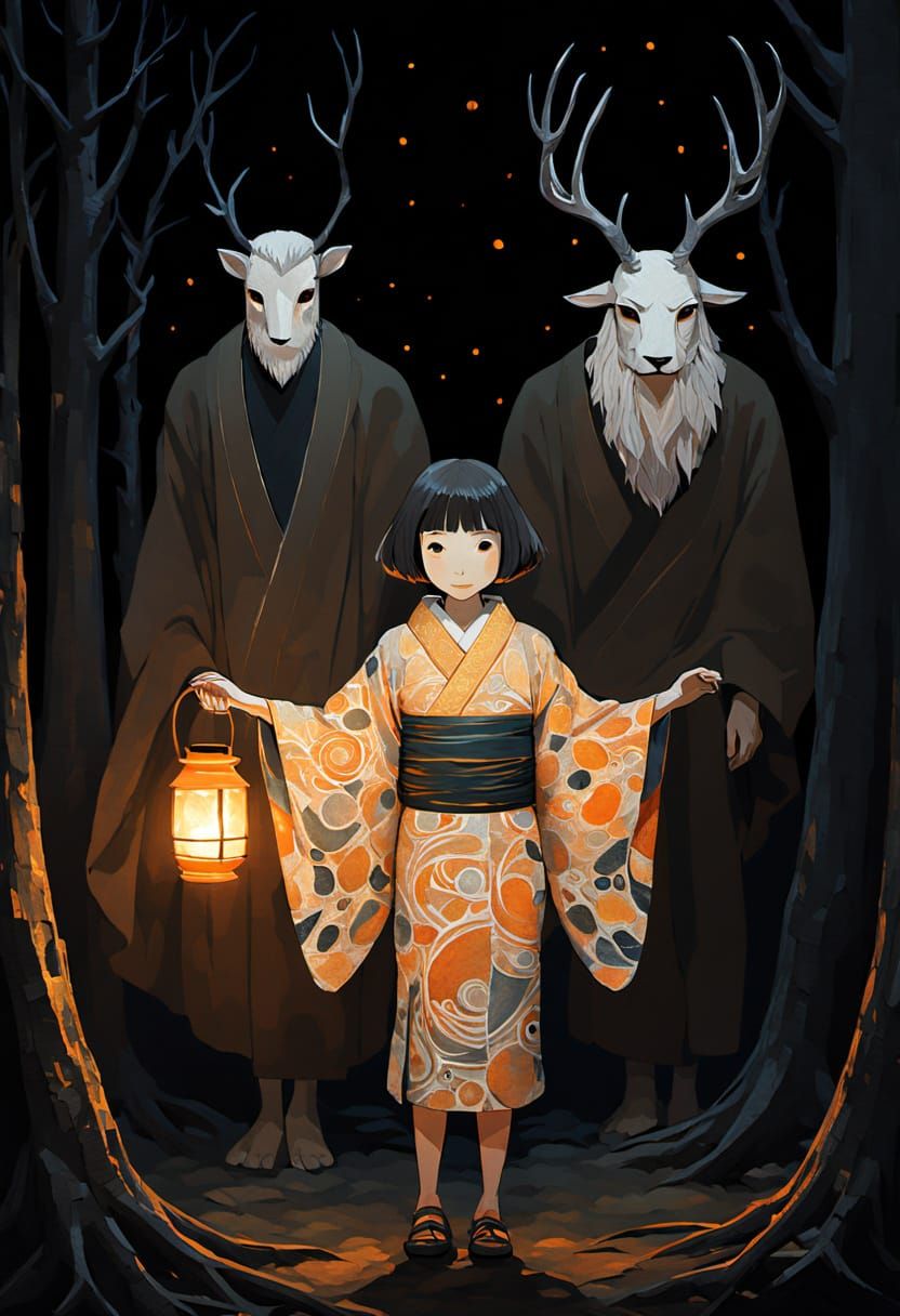 Kawaii Manga Girl with Fantasy Spirits in Dark Forest