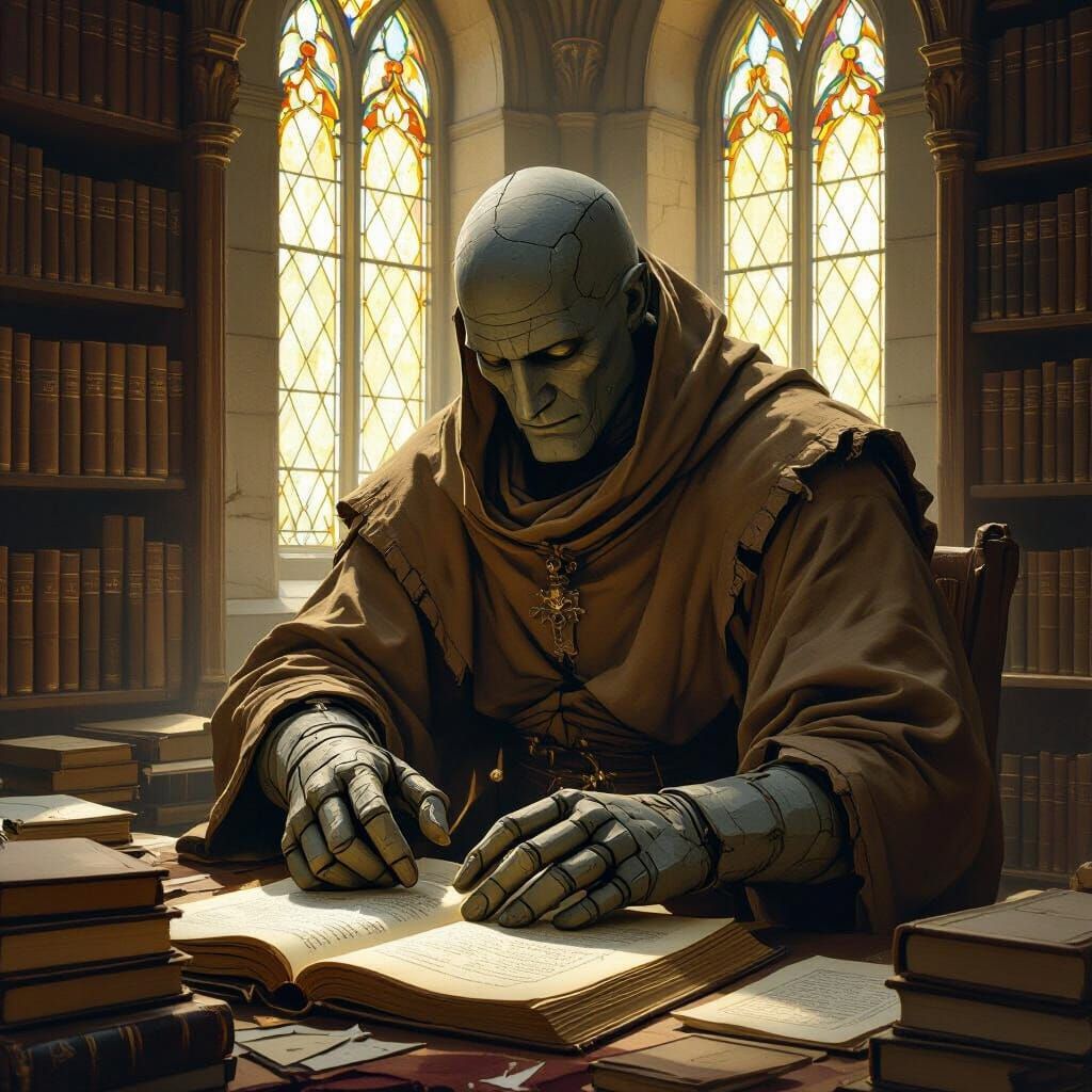 Golem Repairs Manuscripts in Ancient Library, Pre-Raphaelite...