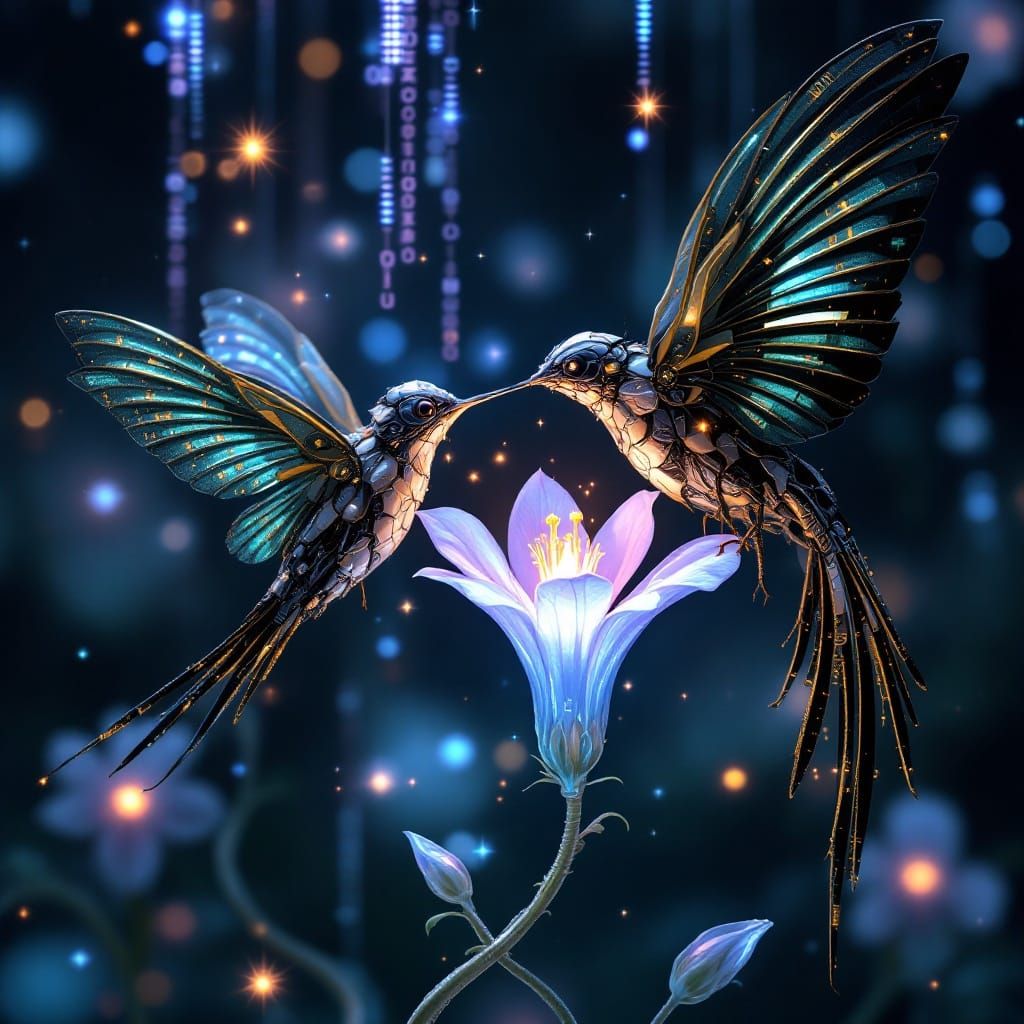 Mechanical Hummingbird in Hyperrealistic Digital Scene