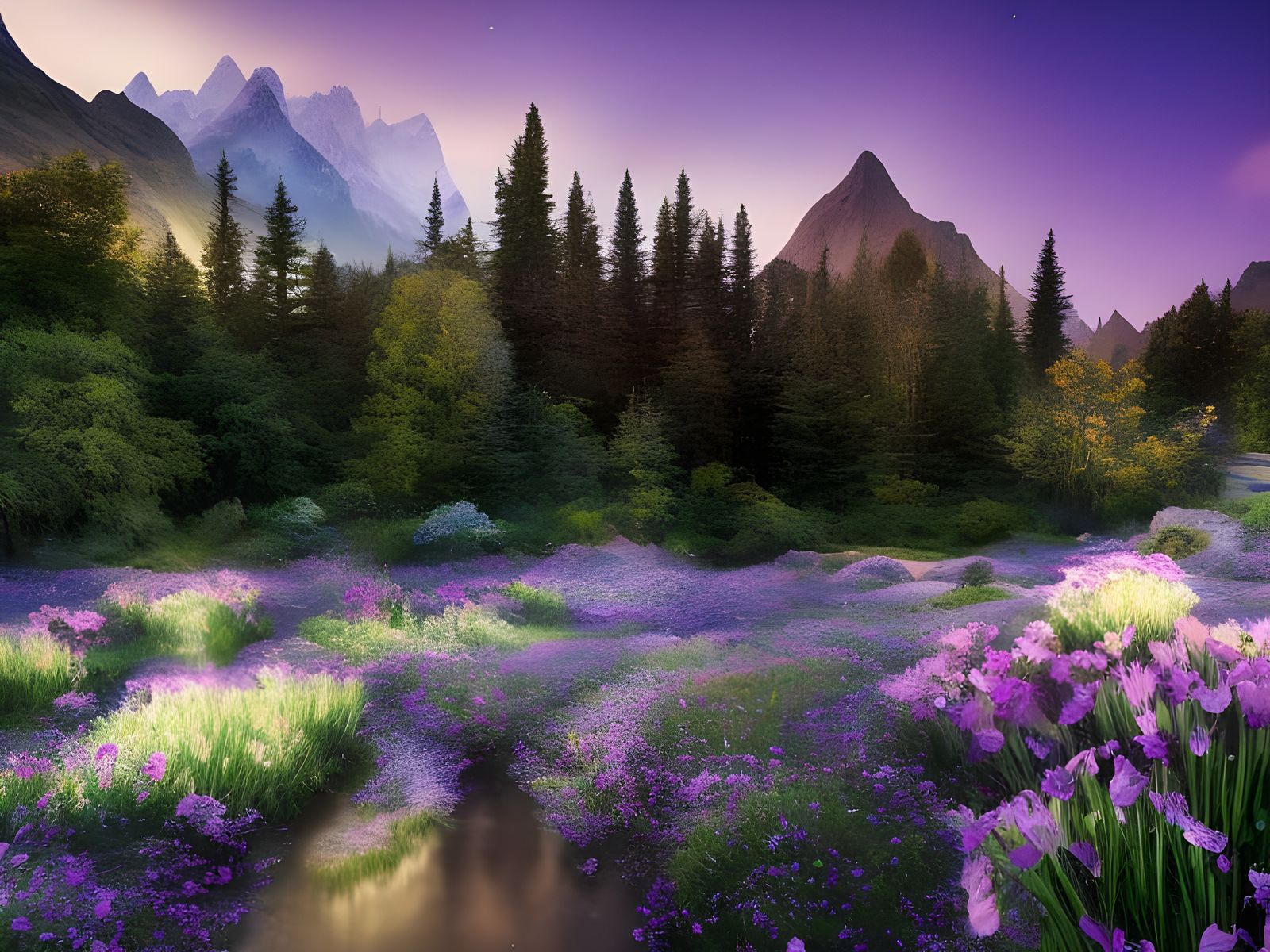 Magical Village in Bioluminescent Meadow