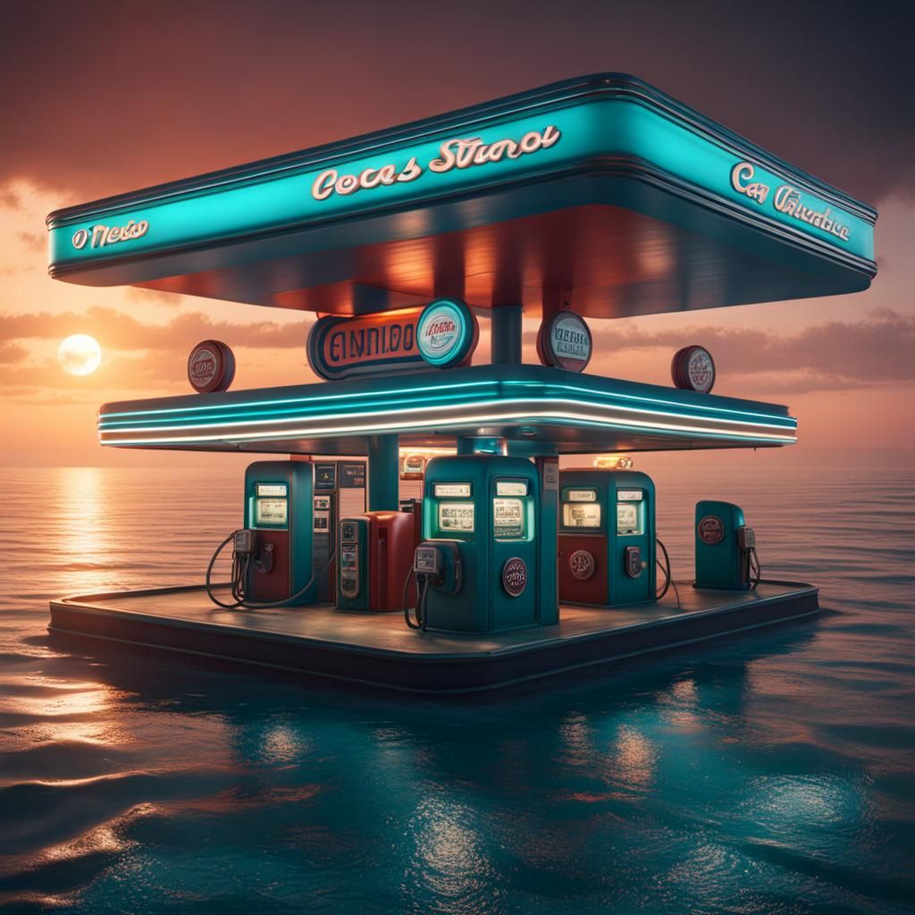 Retro Gas Station Floating on the Ocean in Detailed Painting