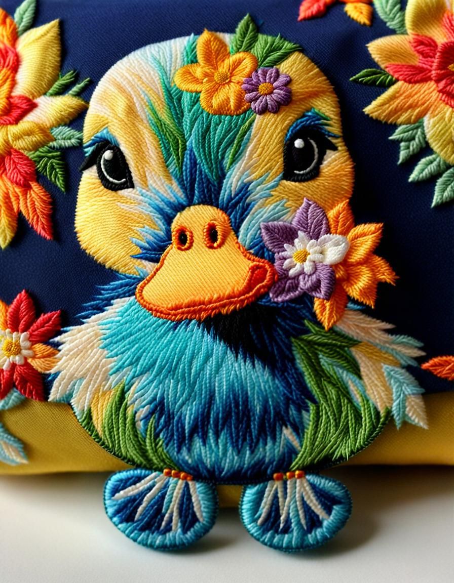 Handcrafted Embroidered Duckling with Flowers