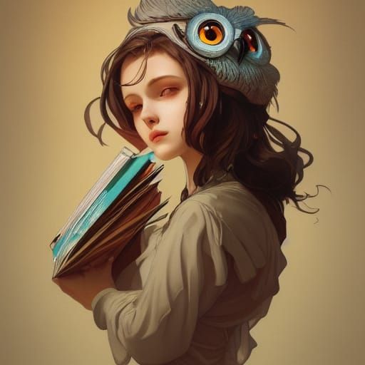 Owl Girl Portrait with Books, Detailed Concept Art