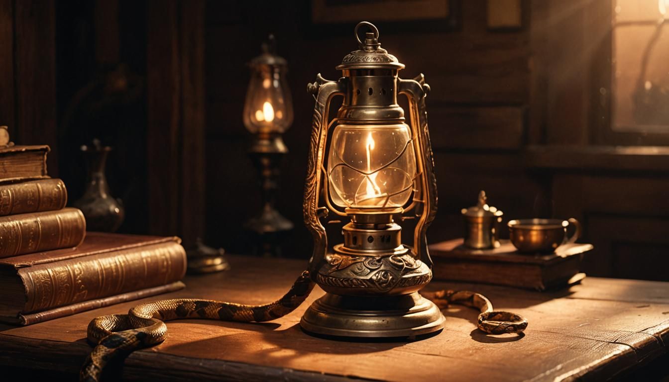 Python Coiled Around Lamp in Dark Academia